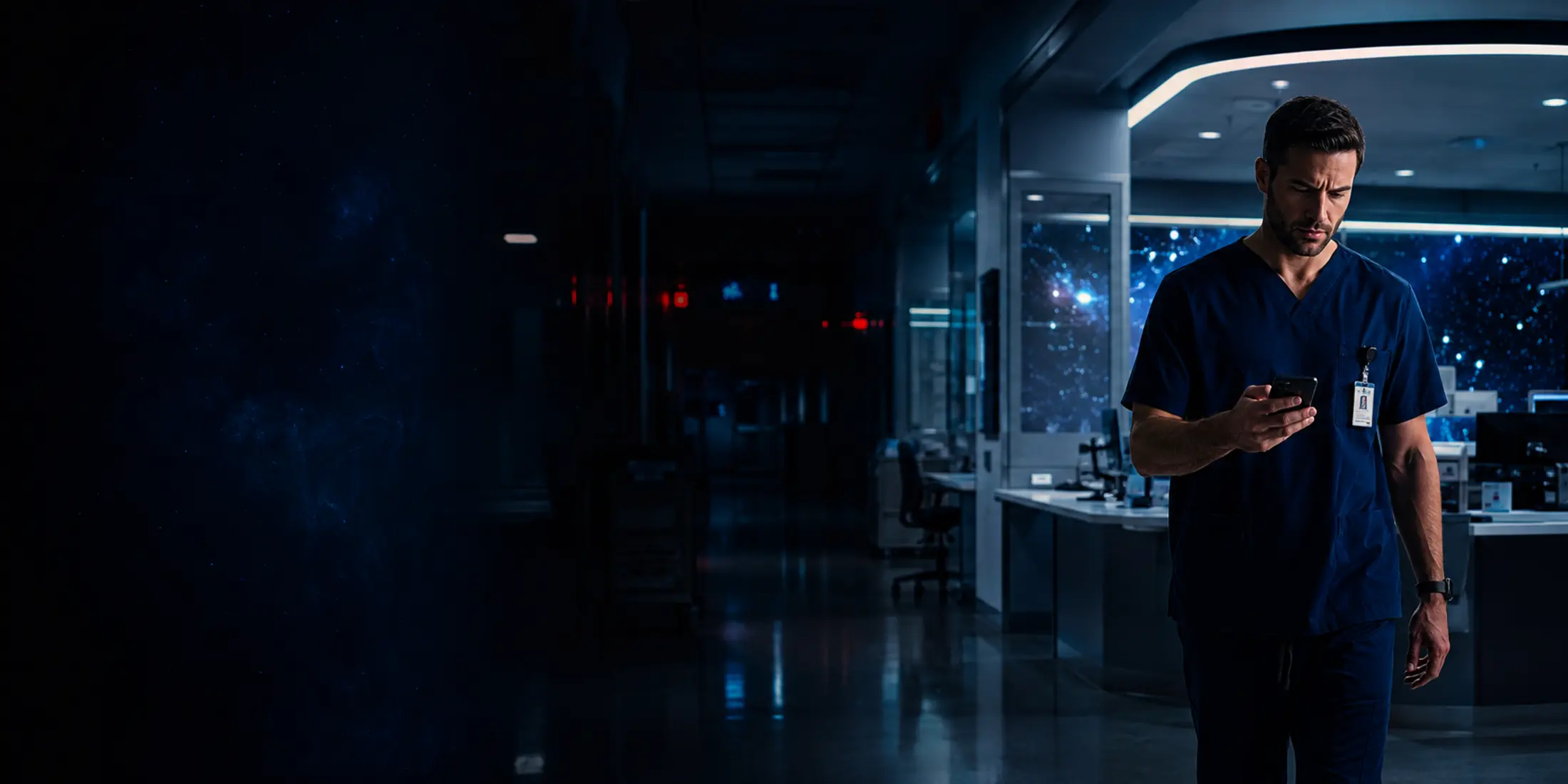 Emergency clinician reviewing MedQ-AI during a night shift